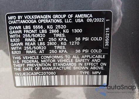 2023 Volkswagen Atlas Cross Sport 3.6L V6 Se W/Technology from USA, damaged, VIN 1V2JE2CA3PC207060